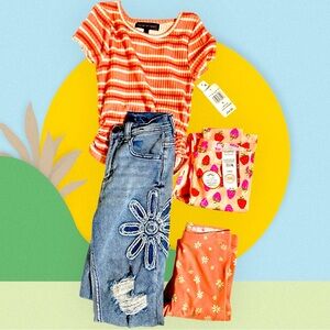 Orange Striped Top with Floral Embroidered Jeans